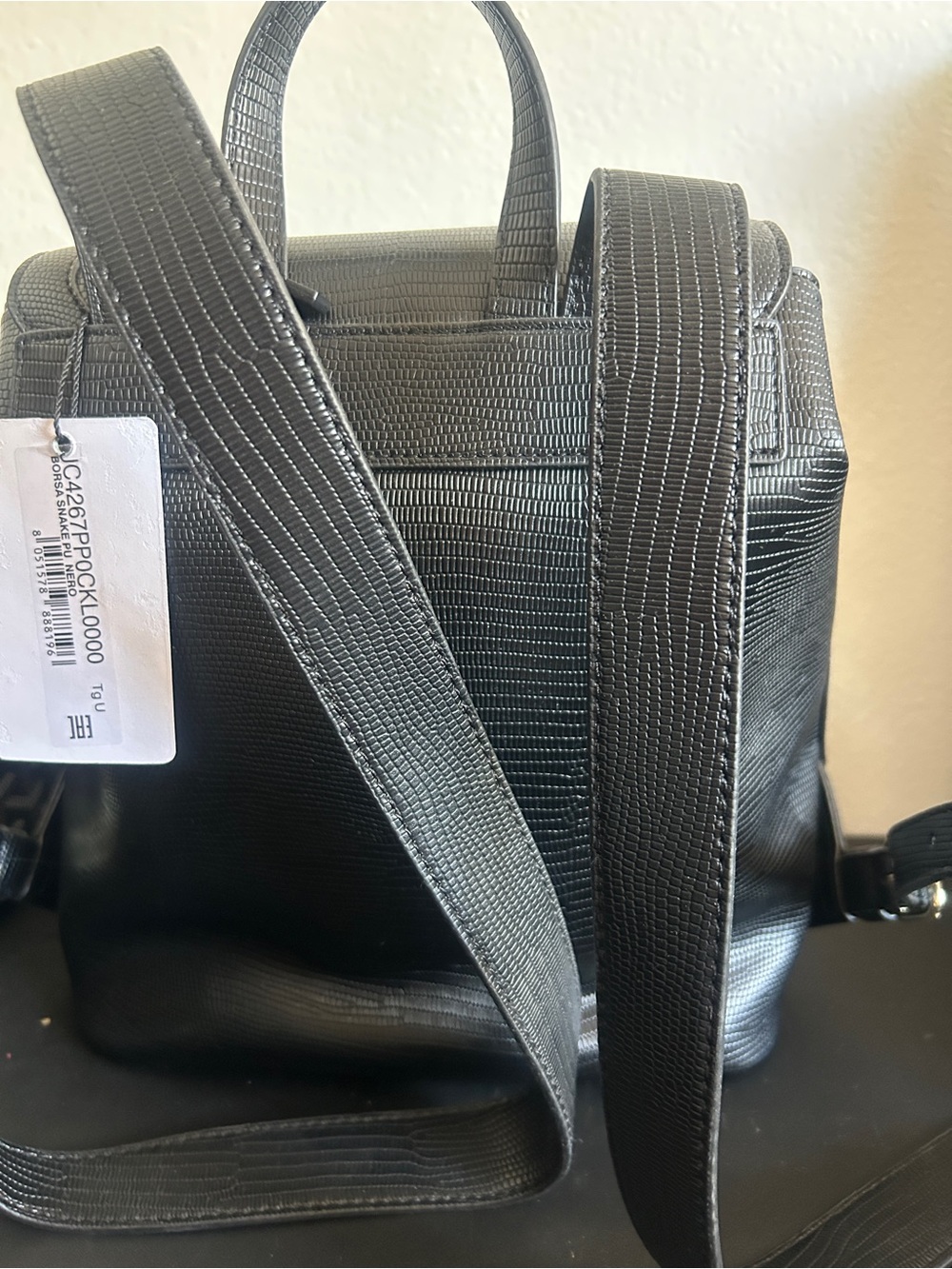 Love Moschino Black Leather Backpack with Drawstring & Black Heart Chain NWT - Picture 8 of 9